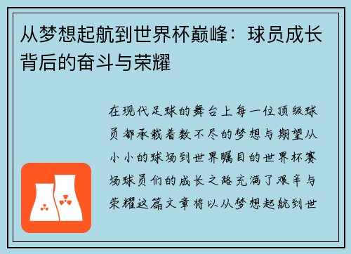 从梦想起航到世界杯巅峰：球员成长背后的奋斗与荣耀