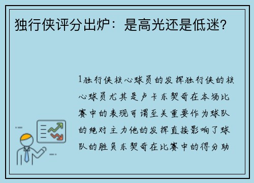 独行侠评分出炉：是高光还是低迷？